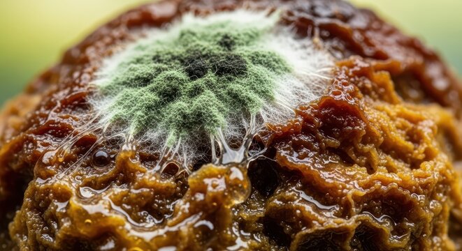 Macro shot detailing the unpleasant, slimy surface texture of severely spoiled produce. Visible mold and advanced stages of decay, spoiled, garbage, unhygienic
