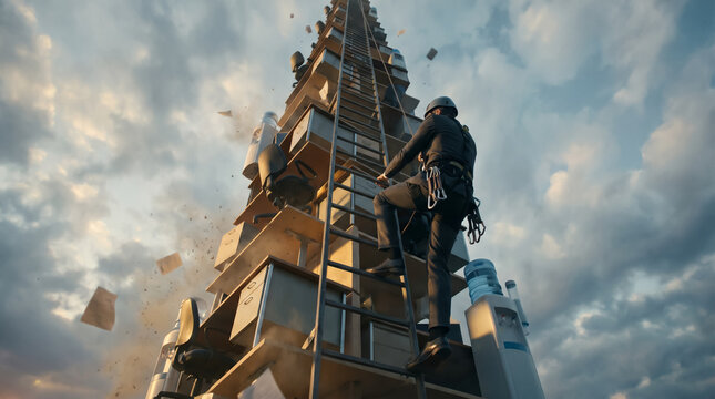Businessman climbing corporate ladder made of desks concept