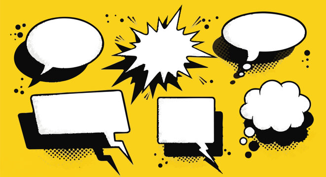 Comic book speech bubbles set featuring diverse shapes with halftone dots and yellow base.