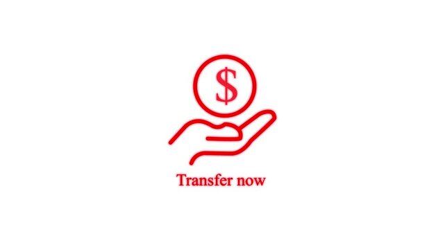 transfer now button animation with hand holding dollar sign on white background online payment finance transaction concept 4k motion graphic