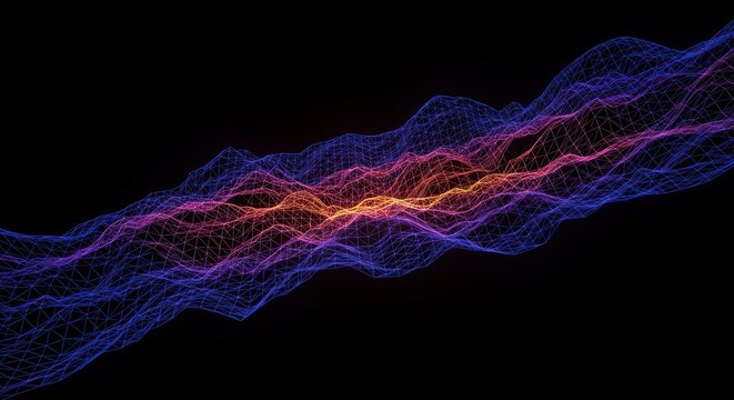 Warping grid of energy demonstrating extreme spatial vibration and geometric collapse in a dark, high-contrast environment, space, rendering, dark