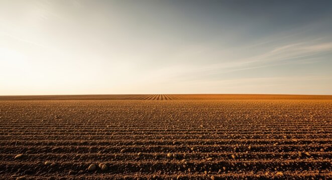 Wide open expanse of bare brown earth stretching to the horizon under a pale sky, ready for planting season or resting after harvest, crop, tillage, season