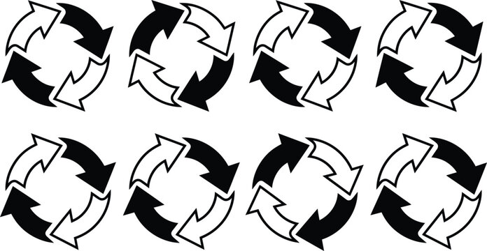 Set of black and white circular recycling arrow icons showing a repeating cycle pattern