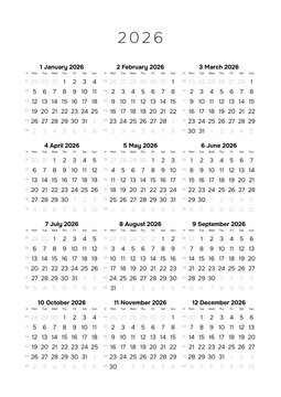 Professional 2026 Annual Calendar Template A4 Minimalist Full Year Planner for Corporate Scheduling and Project Timeline