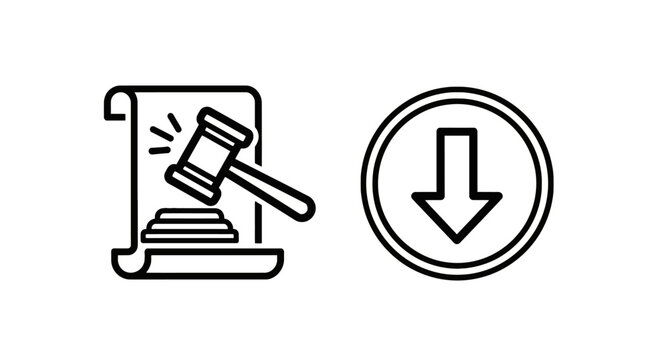 Gavel and downward arrow icon with judgment decrease reduction document regulation decision authority business negative discount