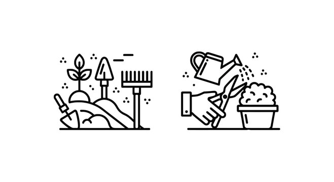 Gardening tools and planting icons with watering can hand fork home garden flat design line art gardening planting cultivation seedling agriculture