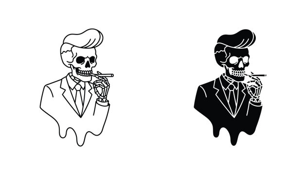 Skeleton wearing suit smoking cigarette in retro greaser style with pompadour hair in line art and black silhouette for edgy fashion graphics or urban tattoo design projects