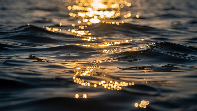 Dramatic Sea Water Texture with Shimmering Sunlight Glare at Dusk