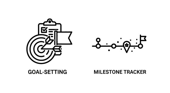 Goal setting and milestone tracker icons with checklist clipboard document planning strategy achievement milestone progress illustration business