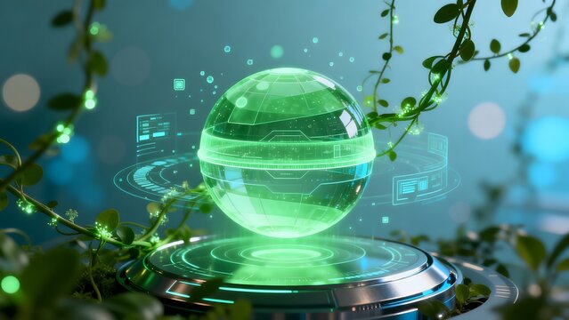 Glowing green orb with digital interface