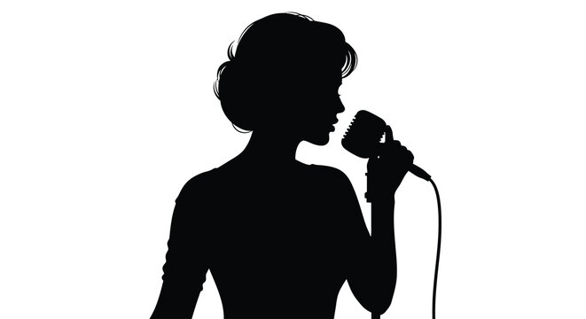 Silhouette of a woman singing into a vintage microphone