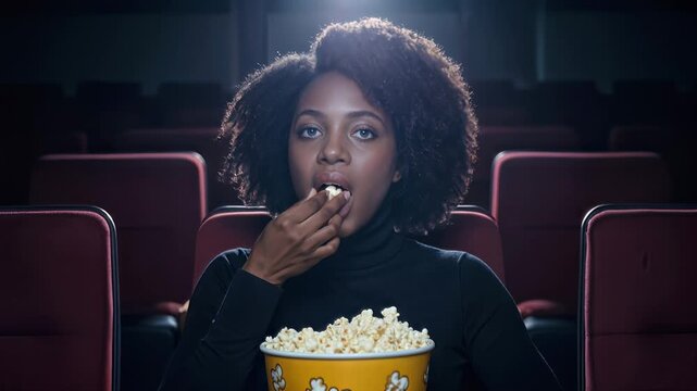 African American woman eating popcorn in dark movie theater. Young female viewer watching film in cinema. Lockdown medium shot.