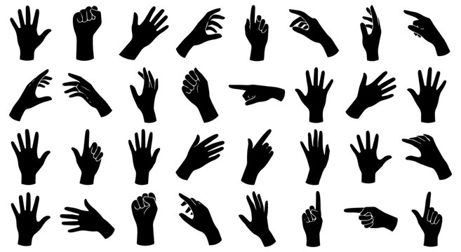 Multiple human hand silhouettes showing various gestures and positions isolated on a clean white background