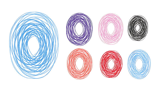 This image appears to be a digital graphic illustrating a set of hand-drawn scribbles or chaotic doodle objects in various colors and sizes