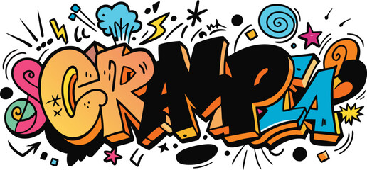 Fototapeta premium Graffiti style lettering design featuring word scrampla with vibrant colors and various doodles art.