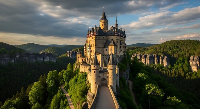 Majestic castle perched on a rocky peak, bathed in golden sunset light