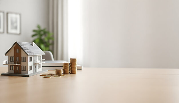 Detailed Miniature Townhouse with Coin Stacks Symbolizing Property Investment and Future Homeownership Dreams