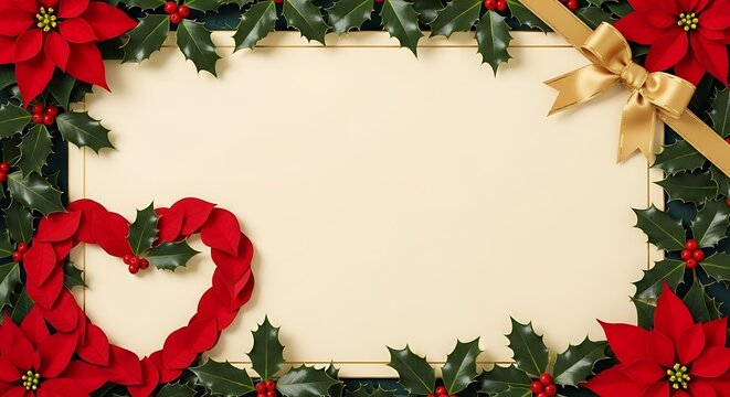 Christmas greeting card frame with red poinsettia flowers heart shape and a golden ribbon bow on paper