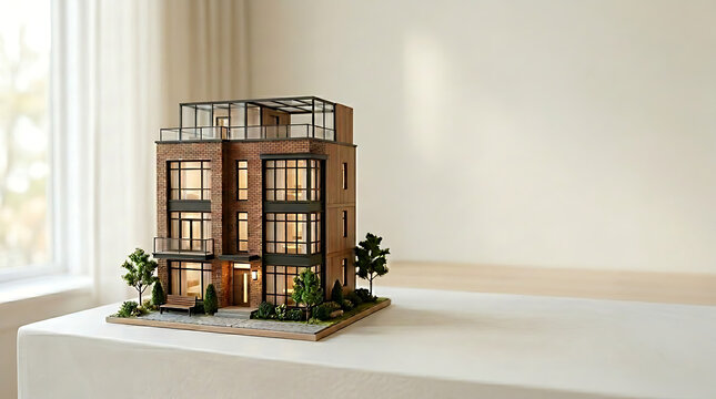 Illuminated architectural model of a modern multi-story residential building, symbolizing urban property investment and design