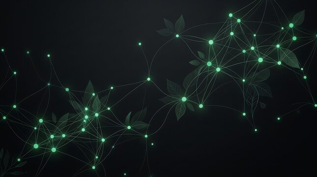 Abstract Green Network with Organic Leaf Nodes on Dark Background