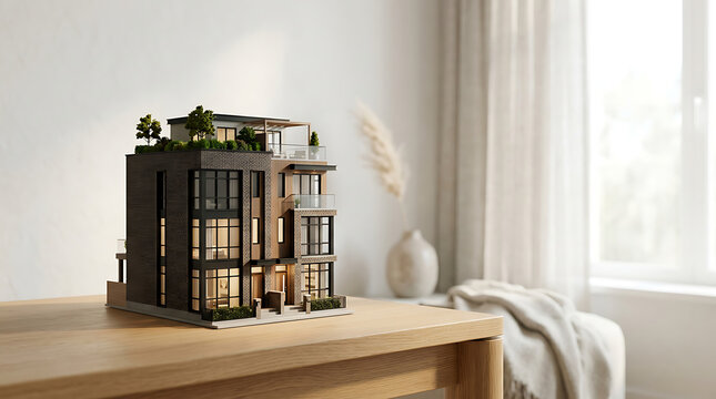 Intricate architectural scale model of a contemporary residential building displayed indoors on a wooden surface
