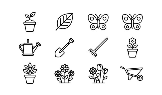 Modern spring gardening outline icon set flower nature and garden tools vector isolated on white background