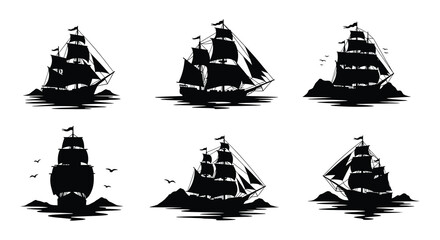 Sailing ship silhouettes with ocean and islands black vector set © Nayem