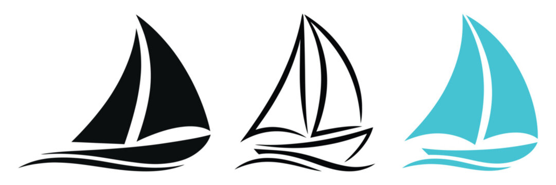 Sailing boats on calm waters in black white and blue colors sailboat icon silhouette and sailing boat logo design for marine travel and nautical branding vector illustration concept