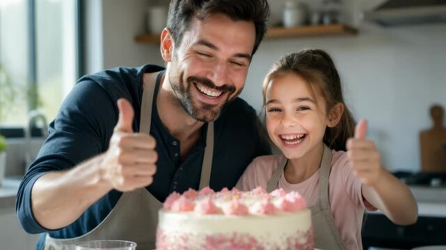 Joyful father and daughter wearing aprons smiling and showing thumbs up with a homemade cake in the kitchen, capturing a heartwarming moment of family connection and culinary fun at home.