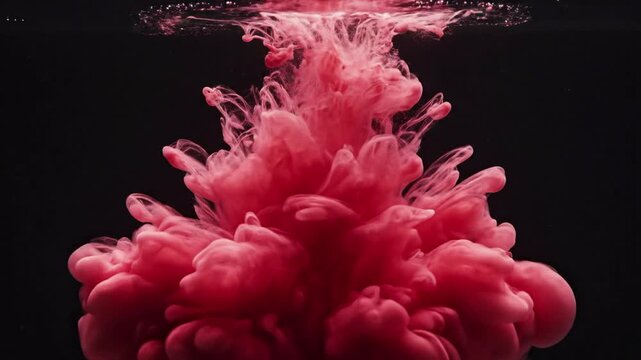Red ink cloud dissolving in dark water, abstract swirling fluid motion, liquid explosion, artistic explosion, blood red dye spread