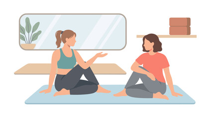 Fototapeta premium Two Women Practicing Yoga in Studio Upon Mats.