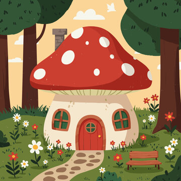 A charming whimsical mushroom house with a red spotted roof nestled in a vibrant green forest clearing, surrounded by colorful flowers and a winding path.