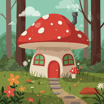 Whimsical cartoon illustration of a charming mushroom house nestled in a vibrant forest clearing with colorful flowers and a winding path.