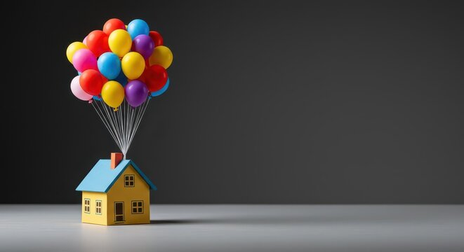 Delicate paper craft miniature house floating with a bunch of vibrant multicolored balloons against a simple plain background, imagination, miniature, string