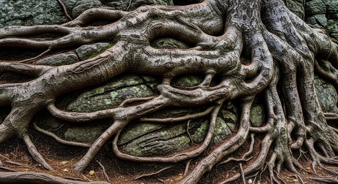 Deeply entrenched roots of an ancient woodland structure gripping rocky terrain, symbolizing stability, resilience, and enduring natural power, resistance, earth, stability