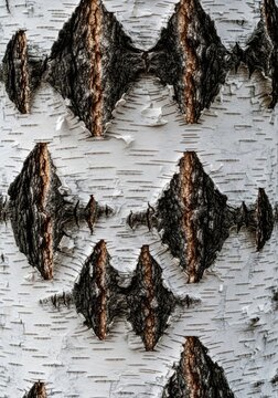 Detailed close up macro photograph showcasing the stark white and dark segmented texture of natural peeling birch tree bark, raw, black, segmented