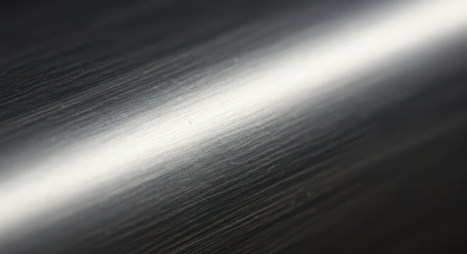 High-quality macro of a smooth, cold brushed aluminum silver bar structure, emphasizing the metallic finish and linear abrasive texture, grey, bar, stainless