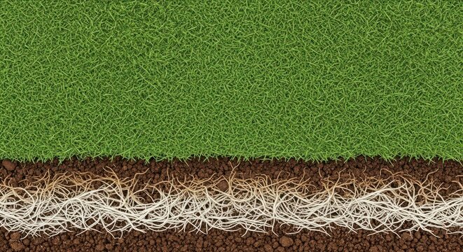 Freshly cut, tightly woven green sod grass background, showing dense root structure and rich brown soil underneath, roots, renovation, earth