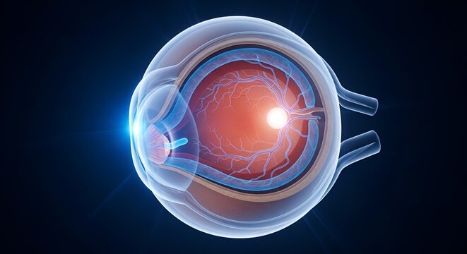 detailed digital illustration of a human eye with retinal and optic nerve visualization showcasing internal eye anatomy