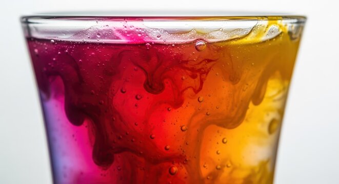 Macro view of the colorful fruit beverage residue clinging to the curved glass base after the cold drink was consumed, condensation, refresh, beverage