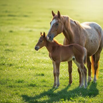 A beautiful newborn foal stands cautiously next to its protective mother mare in a lush green spring pasture under bright sunlight, sunny, bond, rural