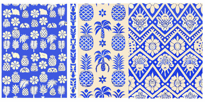 tropical pattern with palm trees and pineapples blue and white