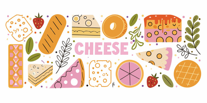 Cheese illustration with bread fruit and abstract shapes