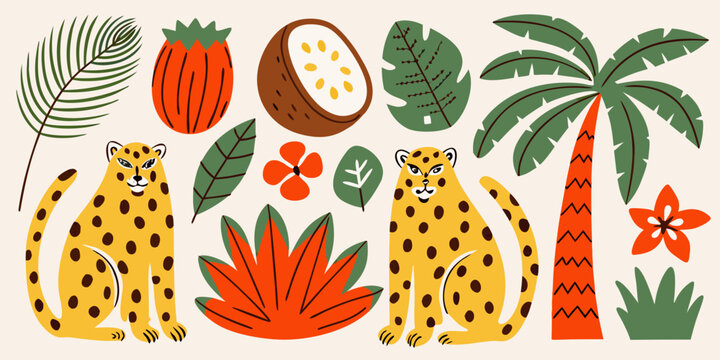 Tropical illustration with cheetahs palm leaves and exotic fruits