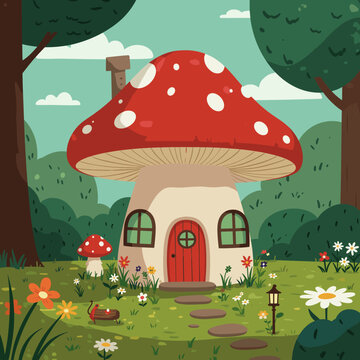 A whimsical cartoon illustration of a charming mushroom house with a red spotted cap, nestled in a vibrant green forest clearing with colorful flowers and stepping stones.
