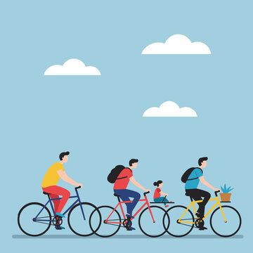 A family enjoys a sunny day cycling together on a clear blue sky with fluffy white clouds.
