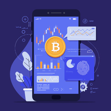 Illustration of a smartphone displaying cryptocurrency trading charts and financial data, featuring a Bitcoin symbol and fingerprint authentication.