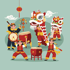 Naklejka premium Children performing a vibrant traditional Chinese lion dance with drums and lanterns, celebrating cultural festivities.