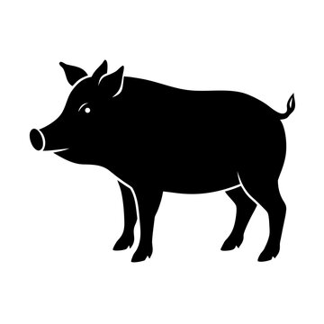 Black silhouette of domestic pig icon isolated on transparent grid background vector illustration
