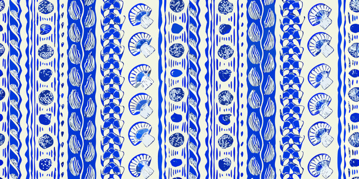 blue and white seashell and wave pattern seamless design